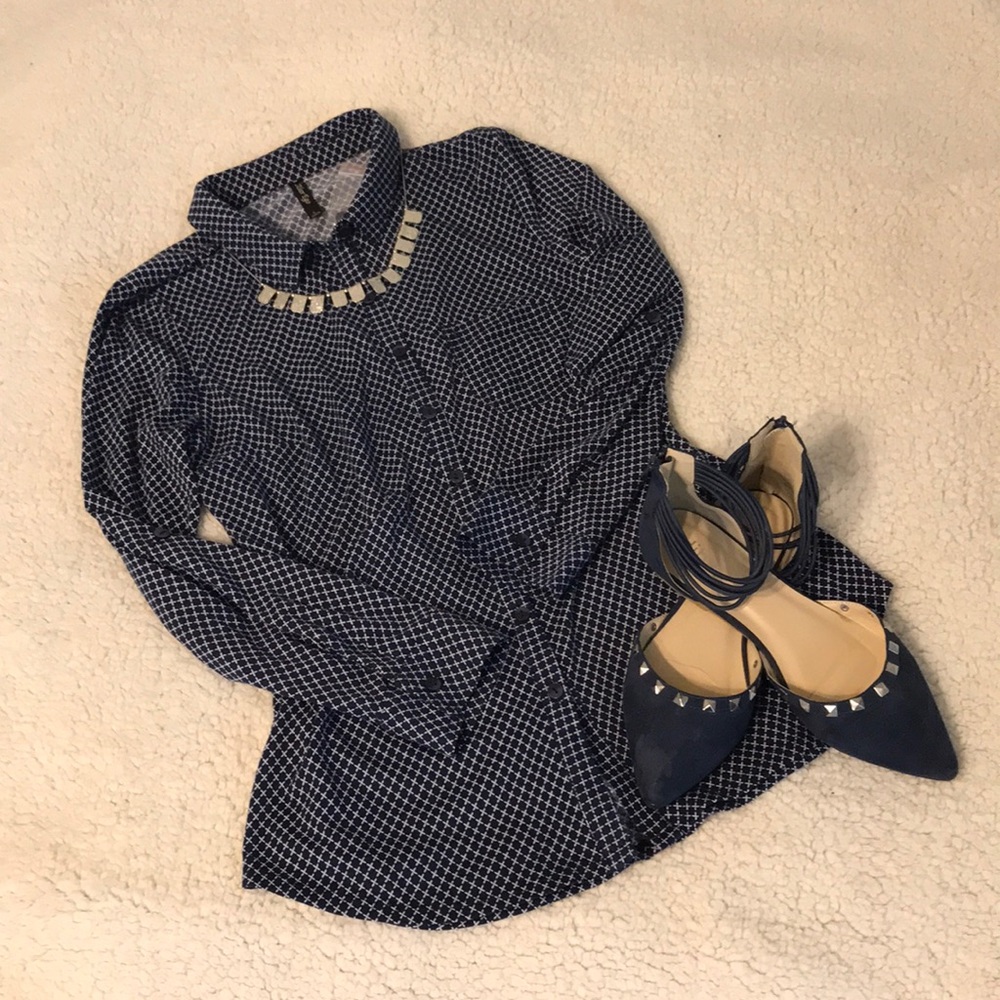 Navy and white print shirt